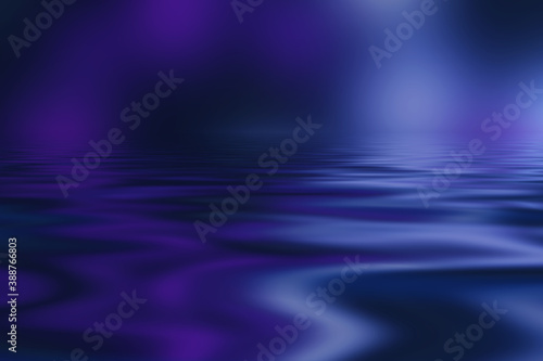 Abstract dark futuristic background. Blue rays of neon light reflect off the water. Background of empty stage show, beach party. 3d illustration