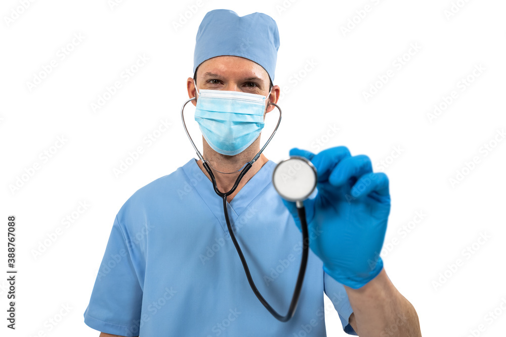 Portrait of male surgeon wearing face mask holding stethoscope against white background Portrait of male surgeon wearing face mask holding stethoscope against white background