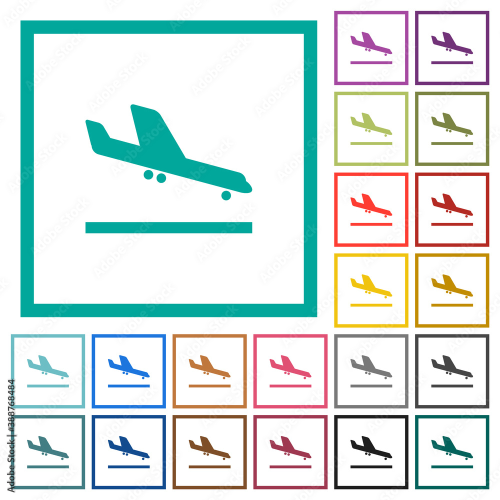 Airplane landing flat color icons with quadrant frames