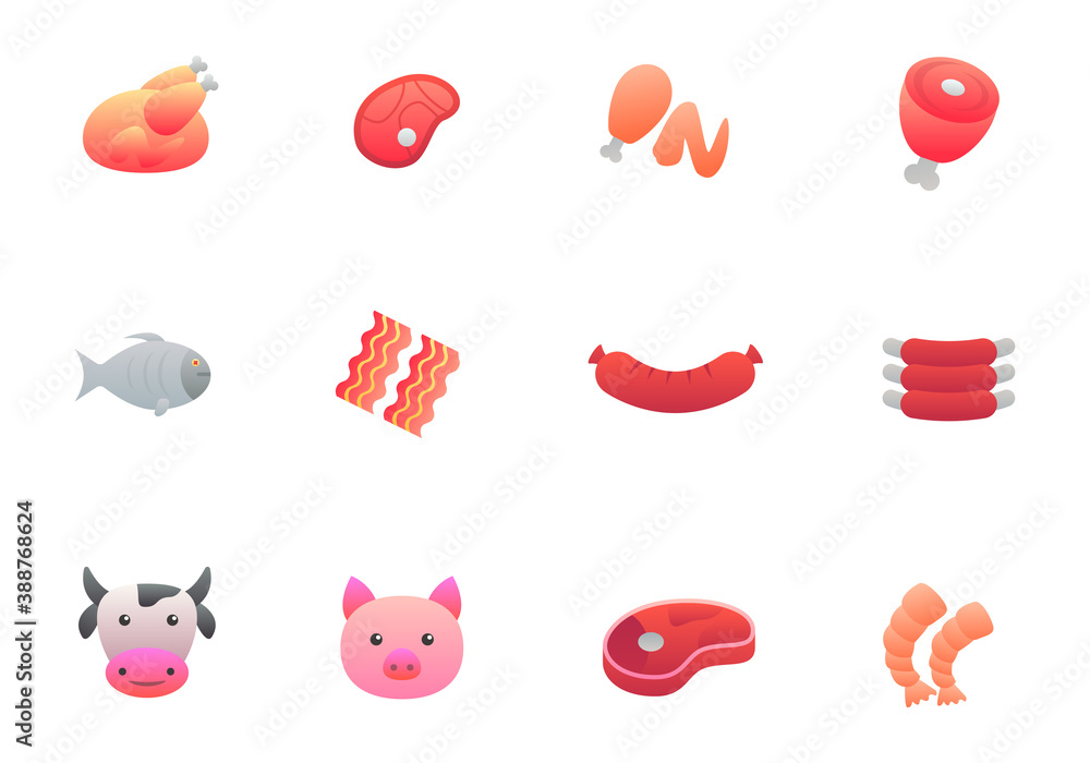 Set of meat vector illustration isolated on white background. Meat gradient icon collection Set of meat vector illustration isolated on white background. Meat gradient icon collection