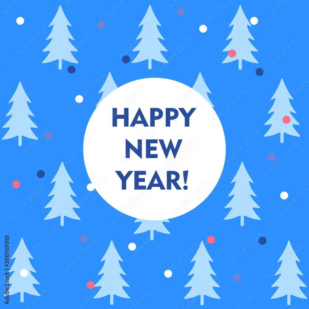 Happy New 2021 Year card with trees on blue background.