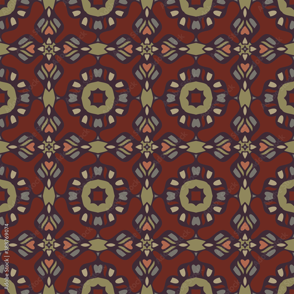 Creative color abstract geometric pattern in red brown beige violet, vector seamless, can be used for printing onto fabric, interior, design, textile, carpet, pillow.
