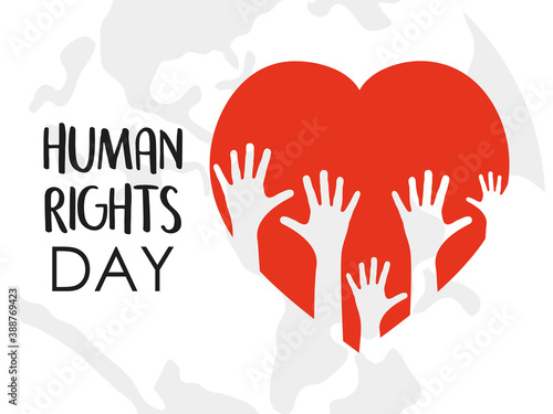 human rights design with red heart and hands up