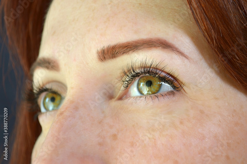 Eyes of woman with red hair and green eyes with freckles with eyelash extensions on dark background looking up