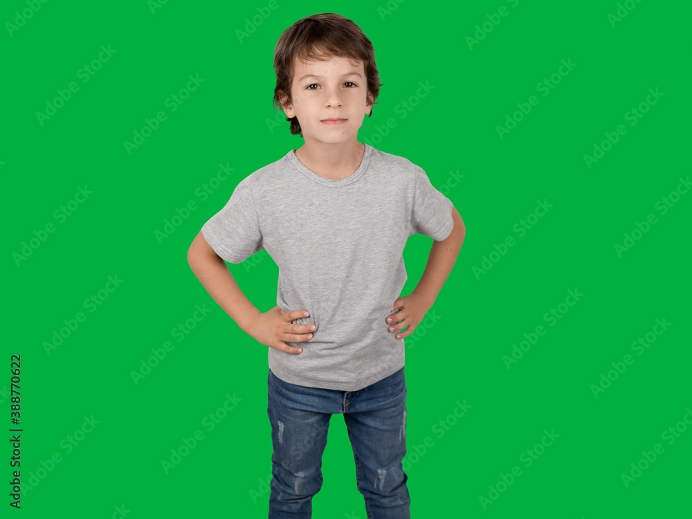 Boy model in a gray t-shirt on a green chromakey background
