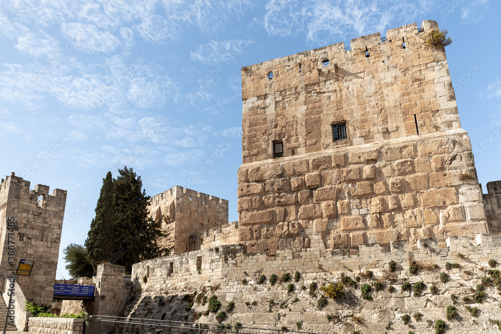 Tower and outer walls of the City of David near Jaffa Gate in the old city of Jerusalem, Israel