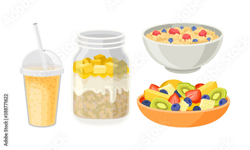 Fresh Dishes with Fruit Salad and Berry Porridge Vector Set