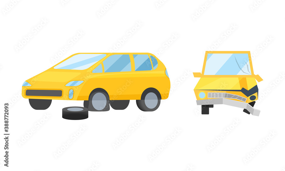 Car with Punctured Tyre and Wreckage with Transport Deformation Vector Set Car with Punctured Tyre and Wreckage with Transport Deformation Vector Set