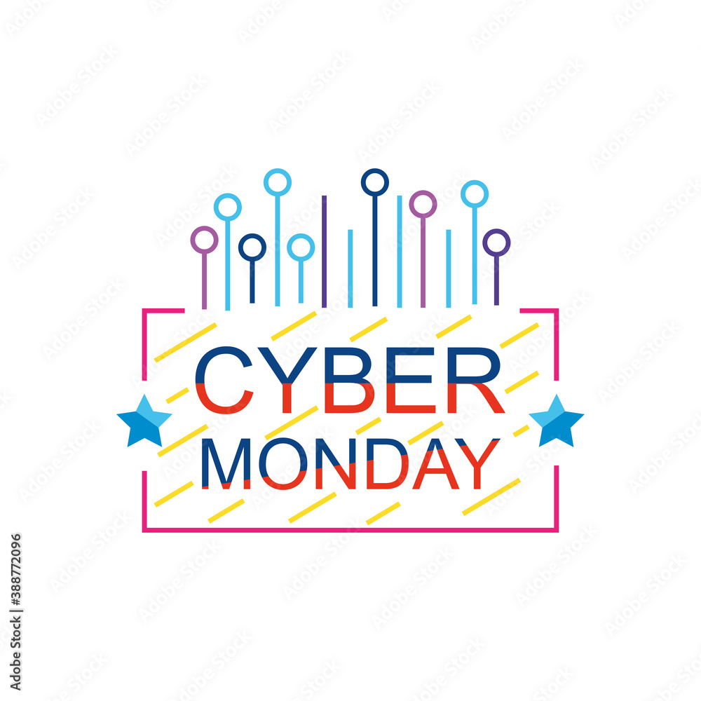 cyber monday colorful design with decorative stars, flat style