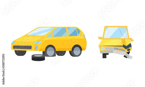 Car with Punctured Tyre and Wreckage with Transport Deformation Vector Set