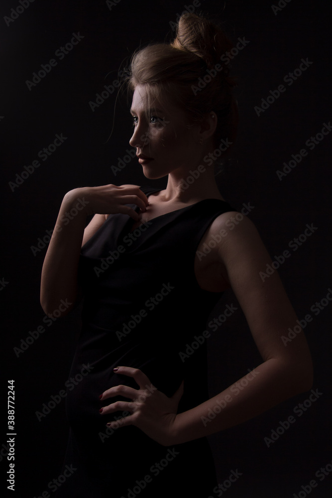 Glamorous young attractive woman posing in the studio. Low-key image. Glamorous young attractive woman posing in the studio. Low-key image.