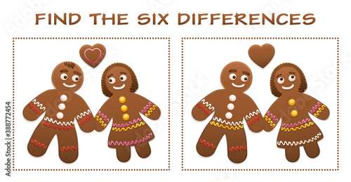 Christmas puzzle, find the six differences. Gingerbread man and woman in love with heart cookie - cute and sweet christmas fun.
