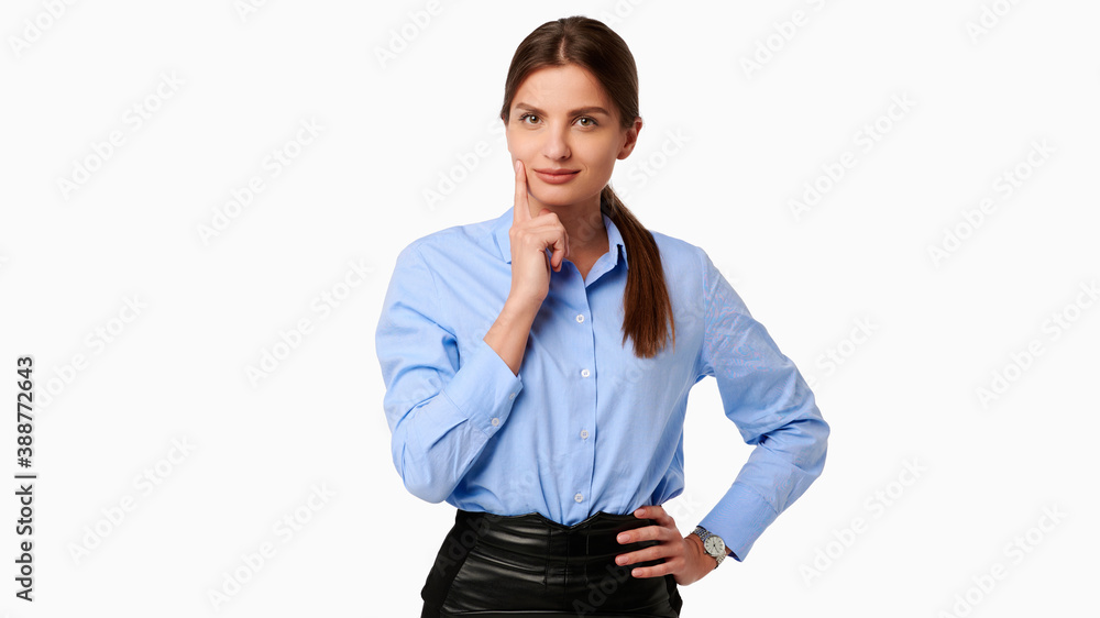 Pensive businesswoman in blue shirt on white isolated background Pensive businesswoman in blue shirt on white isolated background