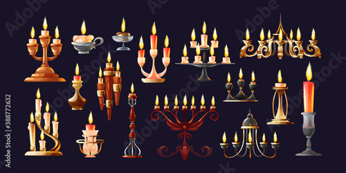 Realistic candles in candlesticks set. Retro vintage candle holders, chandelier and candelabrums with burning flames. Household and church items.