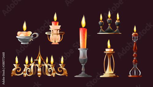Realistic candles in candlesticks set. Retro vintage candle holders, chandelier and candelabrums with burning flames. Household and church items.
