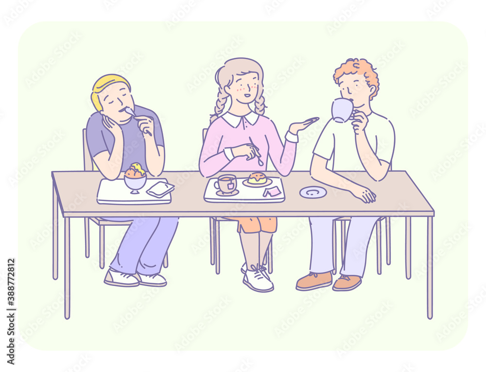 Students lunch time. Group of young people eating fast food, ice cream, sweet, drink coffee. Friends students sitting together at the table chatting communicate together and having lunch Students lunch time. Group of young people eating fast food, ice cream, sweet, drink coffee. Friends students sitting together at the table chatting communicate together and having lunch