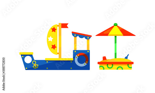 Kids Playground Elements with Toy Ship and Sandbox Vector Set