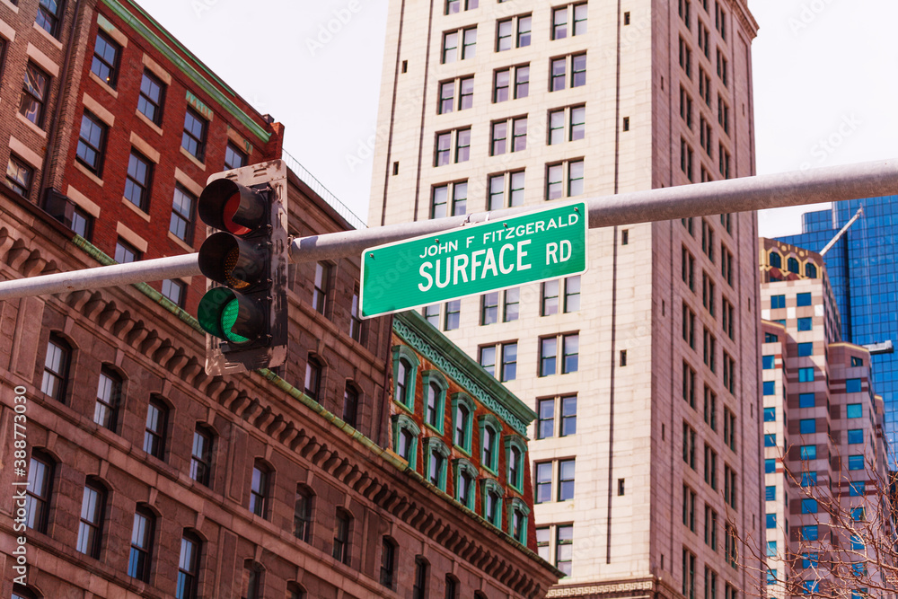 Surface road sign and traffic light in Boston, Massachusetts, USA Surface road sign and traffic light in Boston, Massachusetts, USA