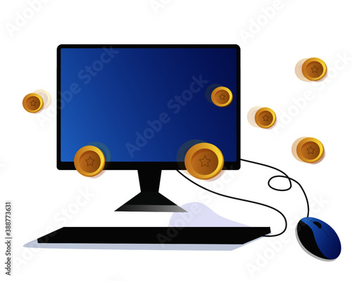 Coins are appearing from the desktop computer monitor. It means the idea of making money online.