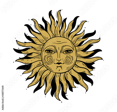 Vintage style illustration, sun with a face, stylized drawing, gold engraving. Mystical element for design in boho style, logo, tattoo. Vector illustration isolated on white.