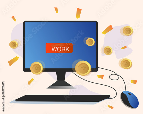 Coins are appearing from the desktop computer monitor. It means the idea of making money online. The red button "Work" is on the screen.