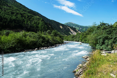 View of the mountain river. River in the North Caucasus mountains