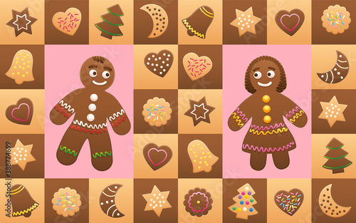 Christmas cookies with gingerbread man and woman in love - cookies and symbols, typical shapes like christmas trees, hearts, stars, moons, bells. Vector illustration background.

