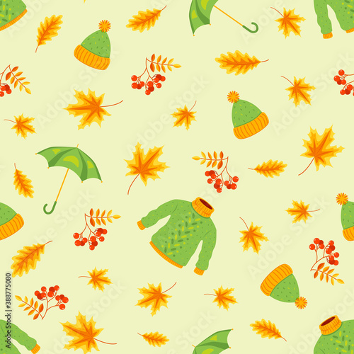 Autumn yellow leaves and warm clothes seamless pattern. Design of fabric  textile  paper. Stock vector illustration.