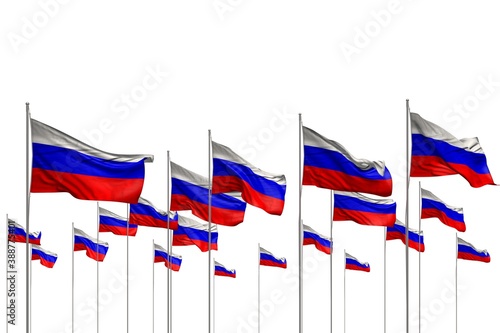 wonderful many Russia flags in a row isolated on white with free space for your text - any occasion flag 3d illustration..