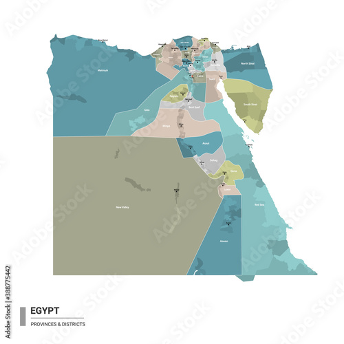 Egypt higt detailed map with subdivisions. Administrative map of Egypt with districts and cities name, colored by states and administrative districts. Vector illustration with editable and labelled la