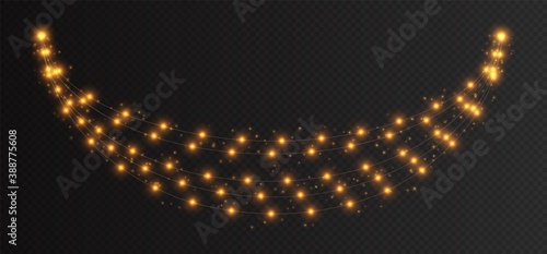 Christmas garland isolated on transparent background. Glowing yellow light bulbs with sparkles. Xmas, New Year, wedding or Birthday decor. Party event decoration. Winter holiday season element.