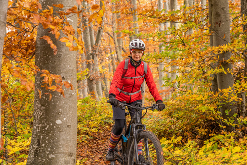 sympathetic active senior woman, riding her electric mountainbike in the gold colored autumn forests of the Swabian Alb