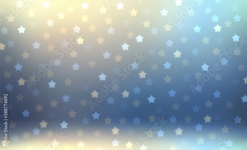 Stars confetti fly into fantasy room 3d illustration. Light blue yellow holidays background.