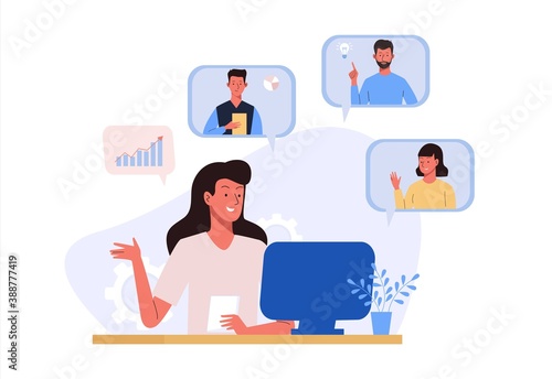 Online video conference with colleague. Woman at home with computer