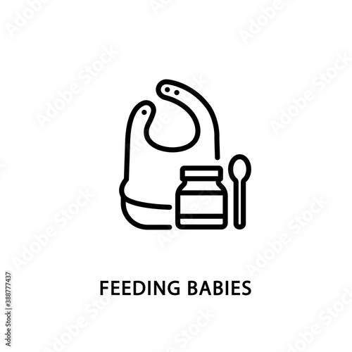 Feeding babies flat line icon. Vector illustration bib and baby puree jar and spoon. Start eating solid food with baby logo.