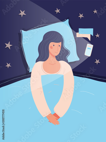 The girl lies in bed with the phone. Concept illustration about insomnia, psychological health, phone addiction and social networks. Flat vector illustration.