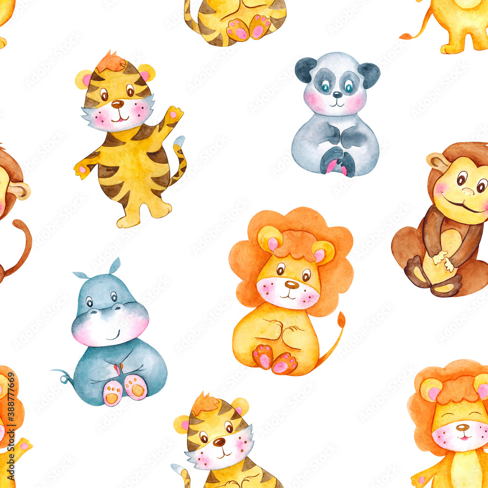 Watercolor pattern with cute animals, pattern, baby Wallpapers. African Wallpaper, Hippo, lion, monkey, tiger, panda