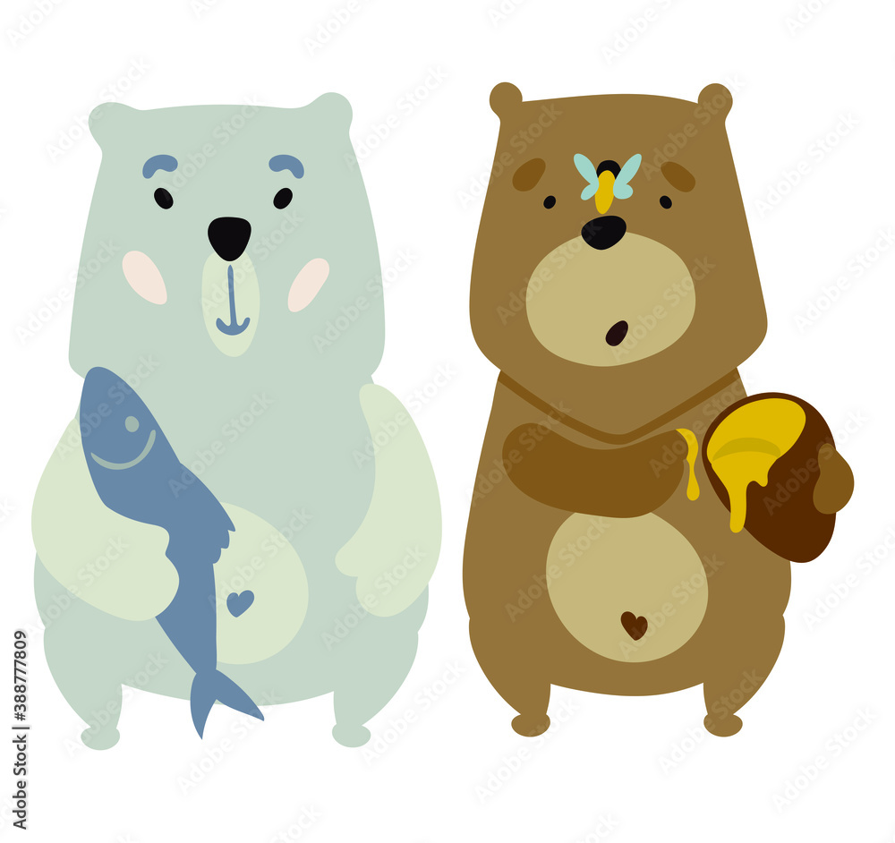 Brown bear eats honey. Polar bear caught fish. Vector illustration clipart. Print for pajamas, t-shirts. Brown bear eats honey. Polar bear caught fish. Vector illustration clipart. Print for pajamas, t-shirts.