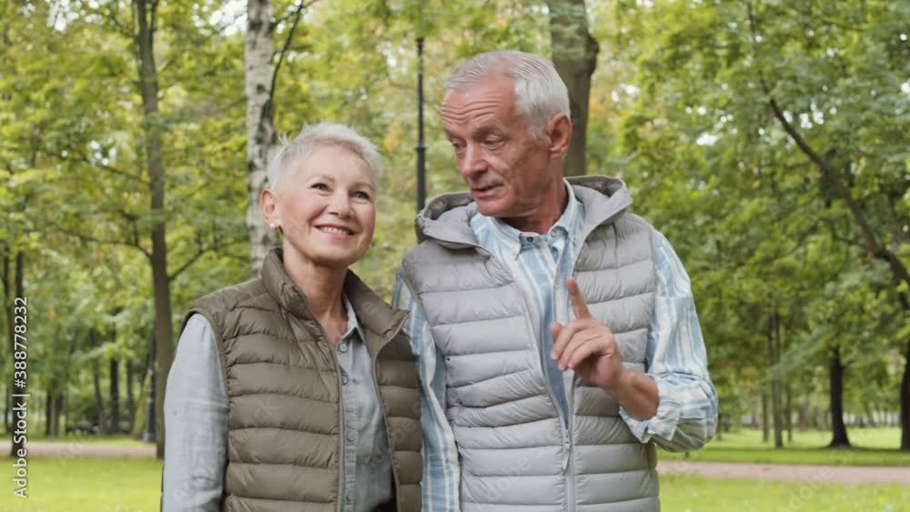 Medium tracking shot of elderly white-haired Caucasian man talking to wife walking between trees in park watching nature, holding hands, looking in eyes, smiling and hugging Medium tracking shot of elderly white-haired Caucasian man talking to wife walking between trees in park watching nature, holding hands, looking in eyes, smiling and hugging