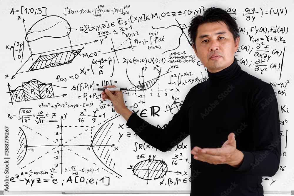 Mature professor teaching mathematics to students in classroom. Teacher man solving math problem while writing on white board with video conference. Covid-19 learn from home. Mature professor teaching mathematics to students in classroom. Teacher man solving math problem while writing on white board with video conference. Covid-19 learn from home.