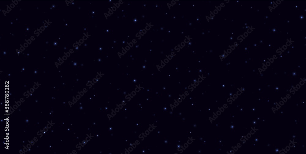 Night sky with shining stars seamless pattern. Fireflies flying in the night, blue sparkles on a dark background. Stardust light effect. Abstract vector backdrop.