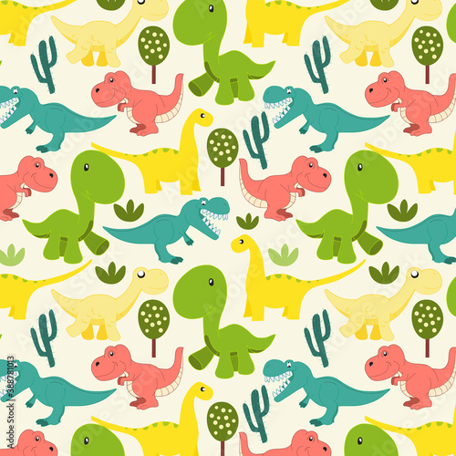 Seamless pattern with cute animals  Dinosaur seamless pattern with tree