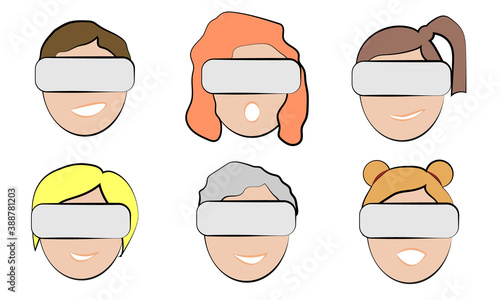 heads of people with a virtual reality headset. Faces of people with emotions with vr glasses, VR helmet. Emotional faces with virtual reality glasses. Vector set, collection.