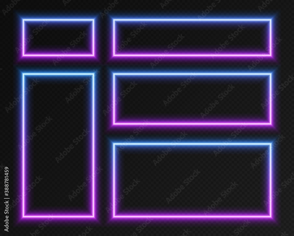 Neon gradient rectangular frames set, collection of blue-purple glowing borders isolated on a dark background. Colorful night banners, bright illuminated shapes, cyberpunk style vector light effect. Neon gradient rectangular frames set, collection of blue-purple glowing borders isolated on a dark background. Colorful night banners, bright illuminated shapes, cyberpunk style vector light effect.