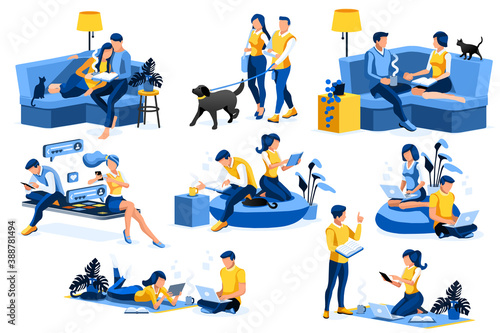 Female and Male Characters together at home, couple relaxing on the weekend, leisure and love concept. Time for books, time for leisure relax at home. Isometric Illustration Flat Vector.