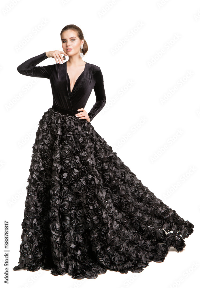 Fashion Woman in Black Dress, Elegant Beautiful Model in Long Evening ...