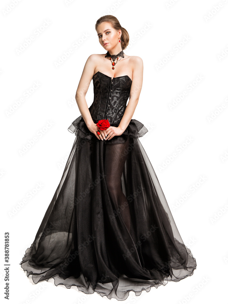 Beautiful Woman In Black Evening Gown holding Red Rose, Full Length Vintage Fashion Corset Chiffon Dress over Cut Out Background