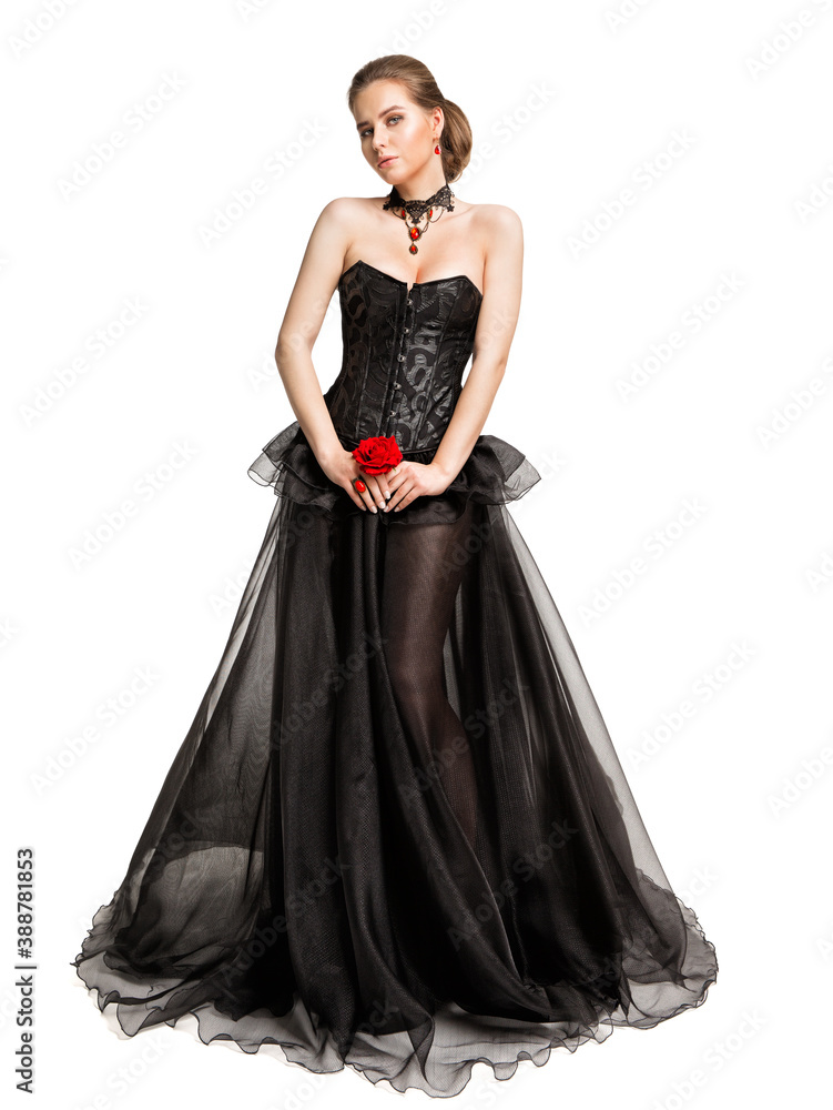 Beautiful Woman In Black Evening Gown holding Red Rose, Full Length Vintage Fashion Corset Chiffon Dress over Cut Out Background Beautiful Woman In Black Evening Gown holding Red Rose, Full Length Vintage Fashion Corset Chiffon Dress over Cut Out Background