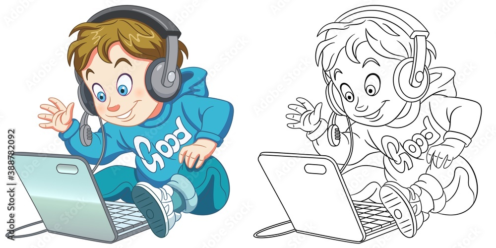 Coloring page with boy with laptop. Line art drawing for kids activity coloring book. Colorful clip art. Vector illustration. Coloring page with boy with laptop. Line art drawing for kids activity coloring book. Colorful clip art. Vector illustration.