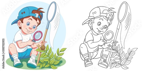 Coloring page with boy studying nature. Line art drawing for kids activity coloring book. Colorful clip art. Vector illustration.